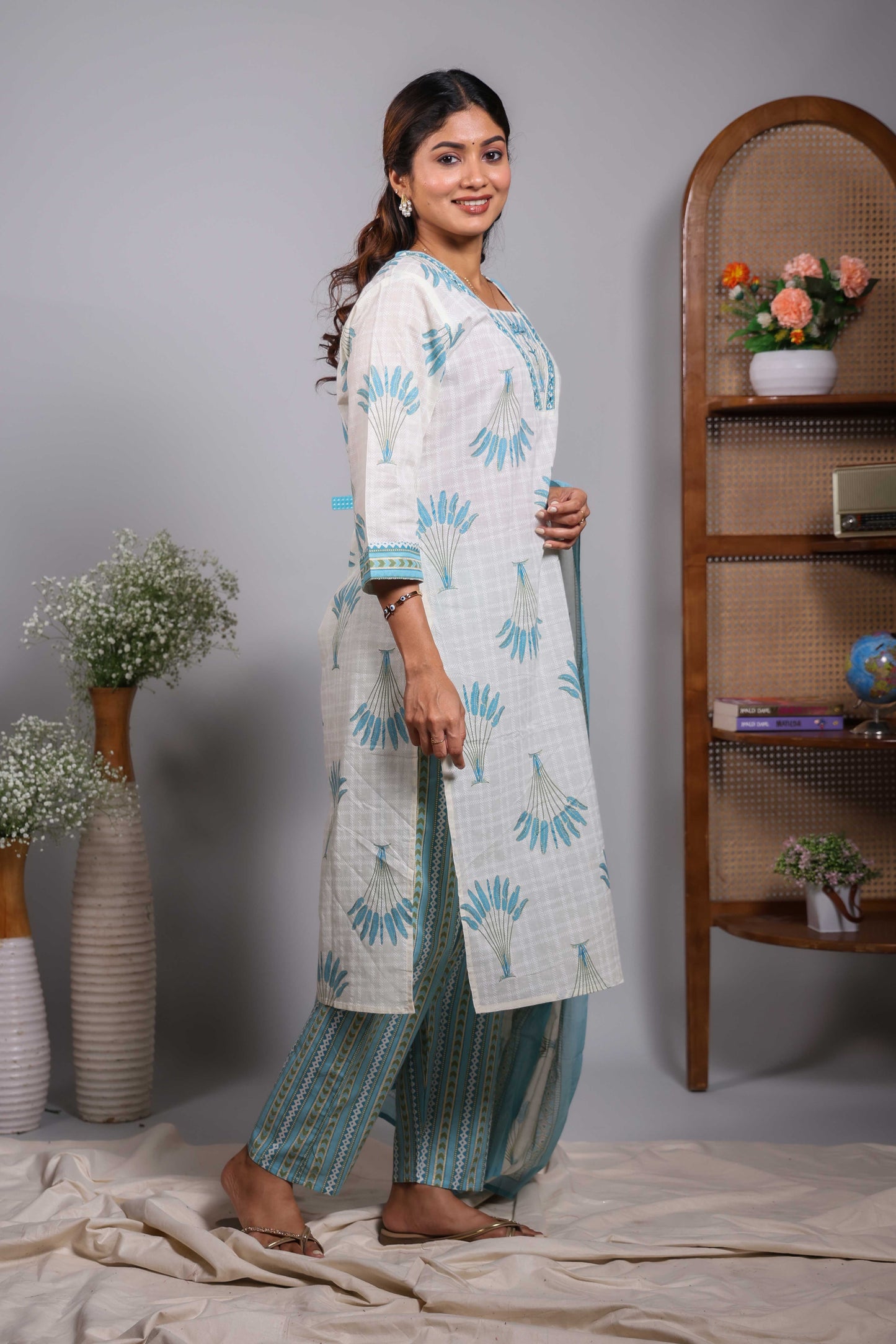 Cream floral design V neck salwar set with 3/4th sleeve, contrast bottom and matching dupatta