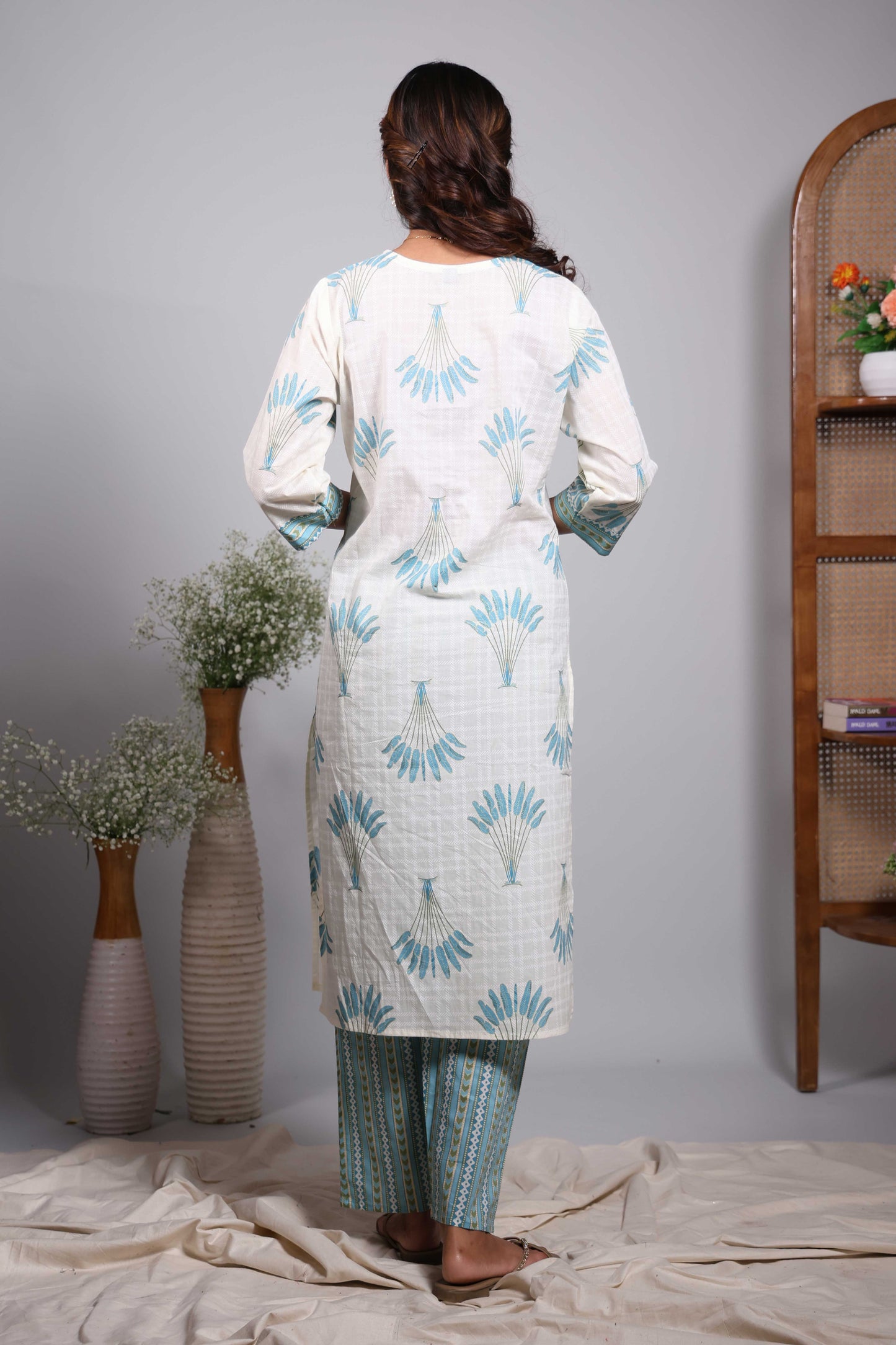 Cream floral design V neck salwar set with 3/4th sleeve, contrast bottom and matching dupatta