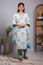 Cream floral design V neck salwar set with 3/4th sleeve, contrast bottom and matching dupatta