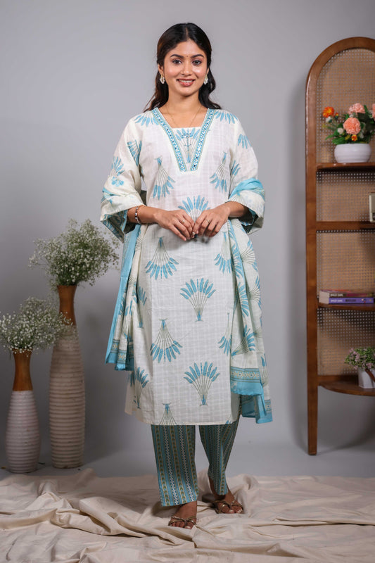 Cream floral design V neck salwar set with 3/4th sleeve, contrast bottom and matching dupatta