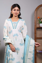 Cream floral design V neck salwar set with 3/4th sleeve, contrast bottom and matching dupatta