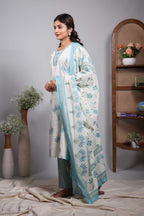 Cream floral design V neck salwar set with 3/4th sleeve, contrast bottom and matching dupatta