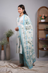 Cream floral design V neck salwar set with 3/4th sleeve, contrast bottom and matching dupatta