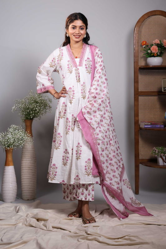 Cream floral design V neck salwar set with 3/4th sleeve, contrast bottom and matching dupatta