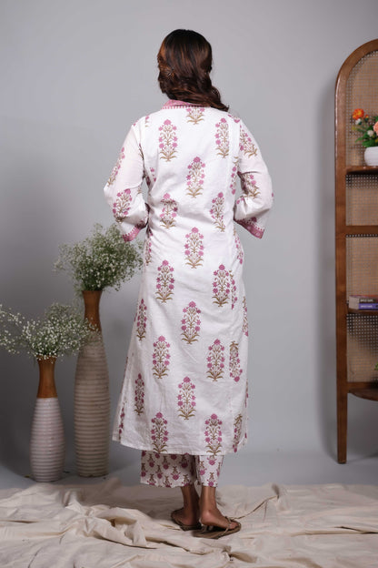 Cream floral design V neck salwar set with 3/4th sleeve, contrast bottom and matching dupatta