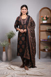Black floral motifs design V neck salwar set with 3/4th sleeve, self bottom and matching dupatta