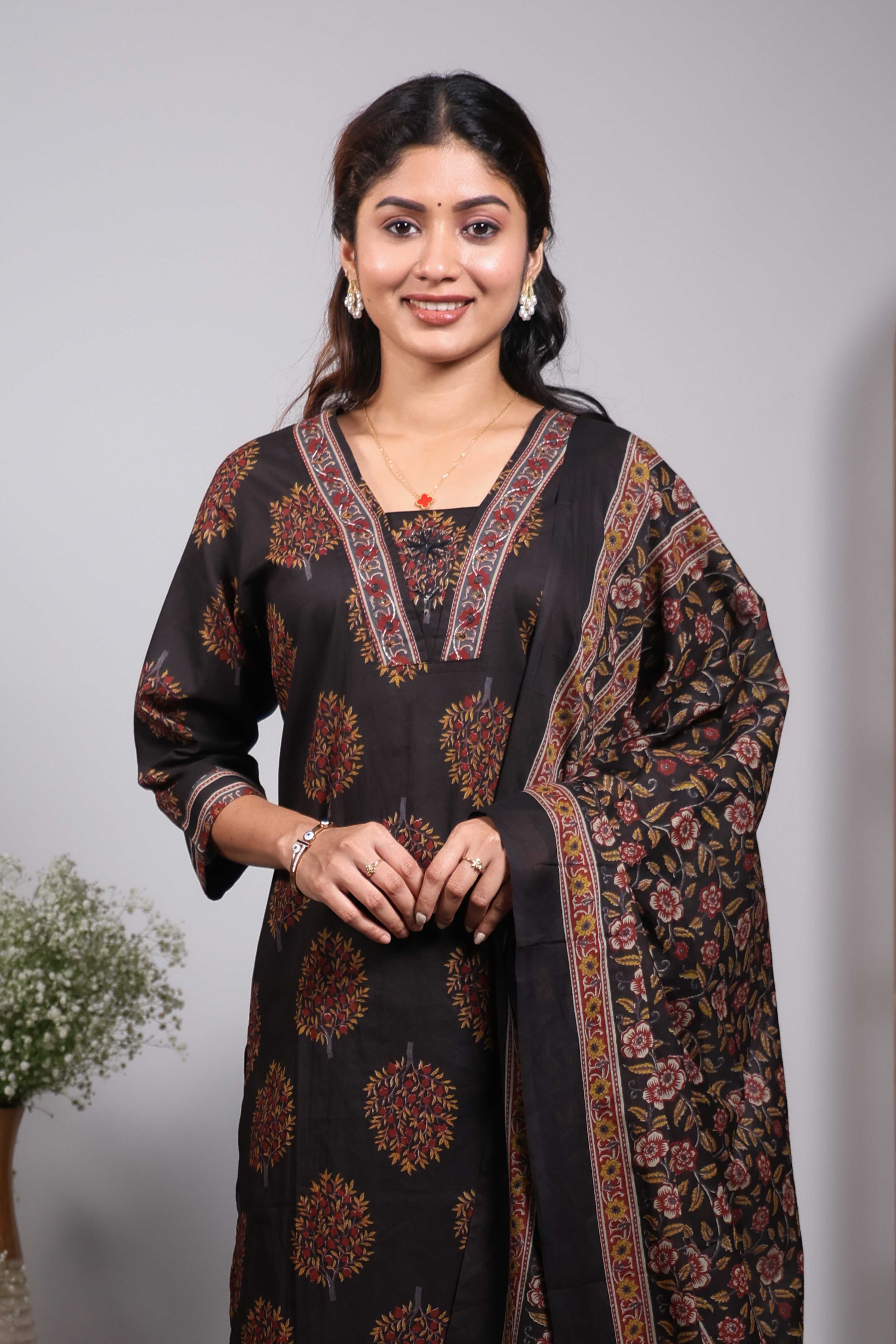 Black floral motifs design V neck salwar set with 3/4th sleeve, self bottom and matching dupatta