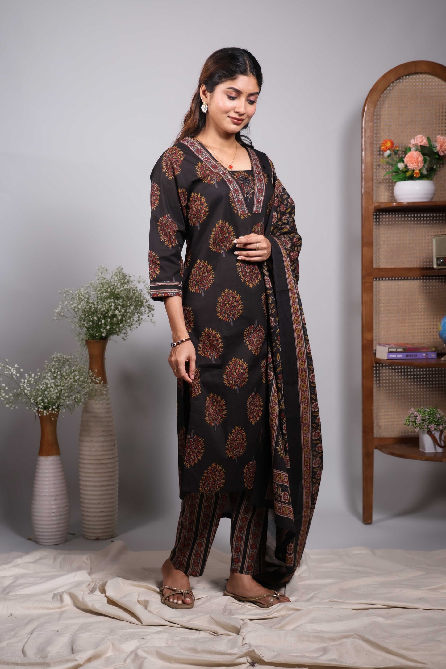 Black floral motifs design V neck salwar set with 3/4th sleeve, self bottom and matching dupatta