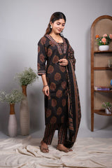Black floral motifs design V neck salwar set with 3/4th sleeve, self bottom and matching dupatta
