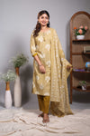 Sandal floral motifs design V neck salwar set with 3/4th sleeve, contrast bottom and matching dupatta