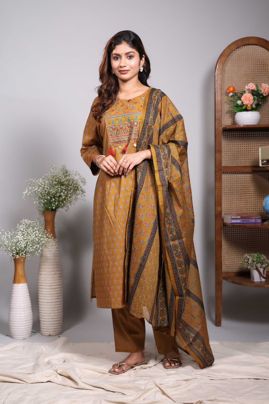 Mustard floral motifs design round neck salwar set with 3/4th sleeve, self bottom and matching dupatta