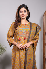 Mustard floral motifs design round neck salwar set with 3/4th sleeve, self bottom and matching dupatta
