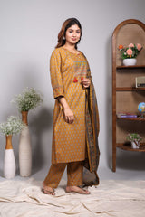 Mustard floral motifs design round neck salwar set with 3/4th sleeve, self bottom and matching dupatta