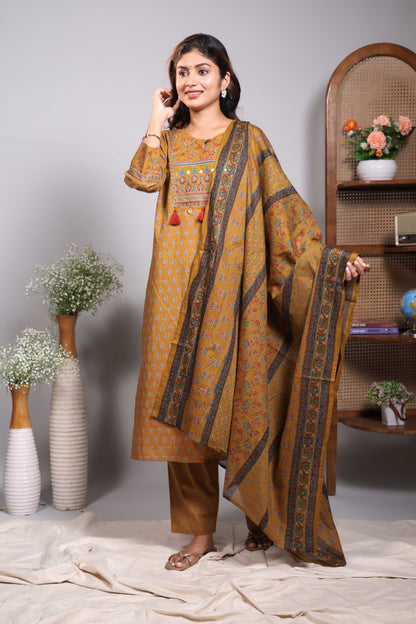 Mustard floral motifs design round neck salwar set with 3/4th sleeve, self bottom and matching dupatta