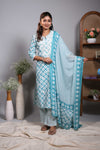 Blue floral motifs design round neck salwar set with 3/4th sleeve, self bottom and matching dupatta