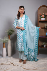 Blue floral motifs design round neck salwar set with 3/4th sleeve, self bottom and matching dupatta