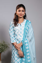 Blue floral motifs design round neck salwar set with 3/4th sleeve, self bottom and matching dupatta