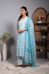 Blue floral motifs design round neck salwar set with 3/4th sleeve, self bottom and matching dupatta