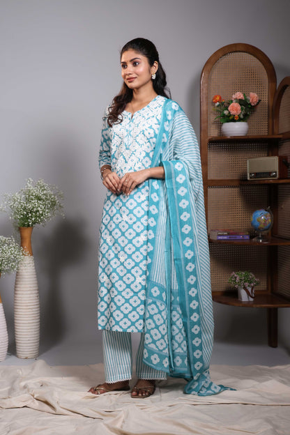 Blue floral motifs design round neck salwar set with 3/4th sleeve, self bottom and matching dupatta