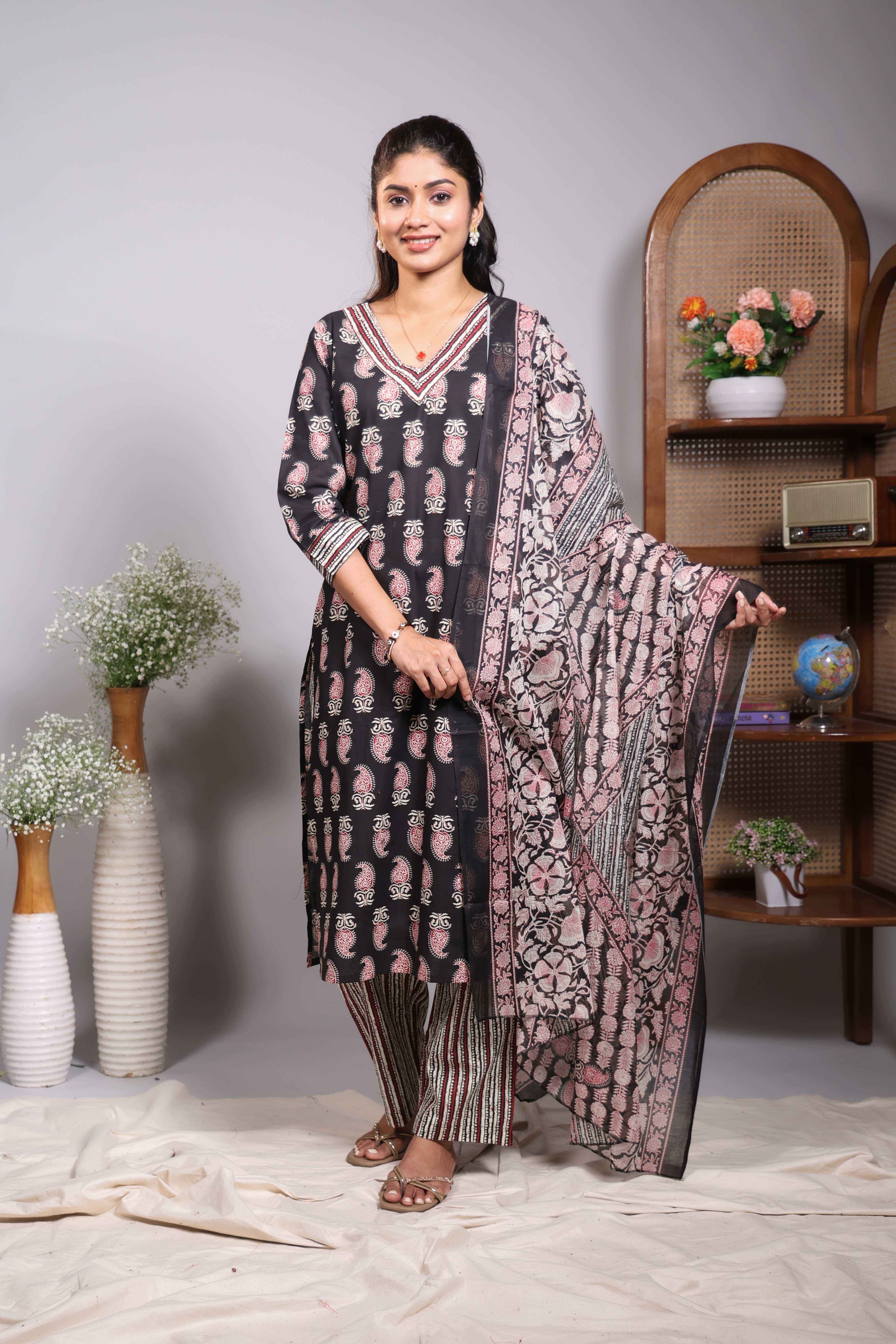 Black floral motifs design V neck salwar set with 3/4th sleeve, contrast bottom and matching dupatta