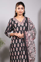 Black floral motifs design V neck salwar set with 3/4th sleeve, contrast bottom and matching dupatta