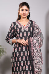 Black floral motifs design V neck salwar set with 3/4th sleeve, contrast bottom and matching dupatta