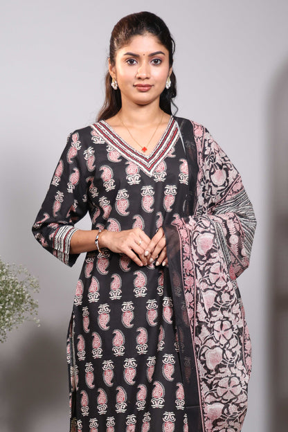 Black floral motifs design V neck salwar set with 3/4th sleeve, contrast bottom and matching dupatta