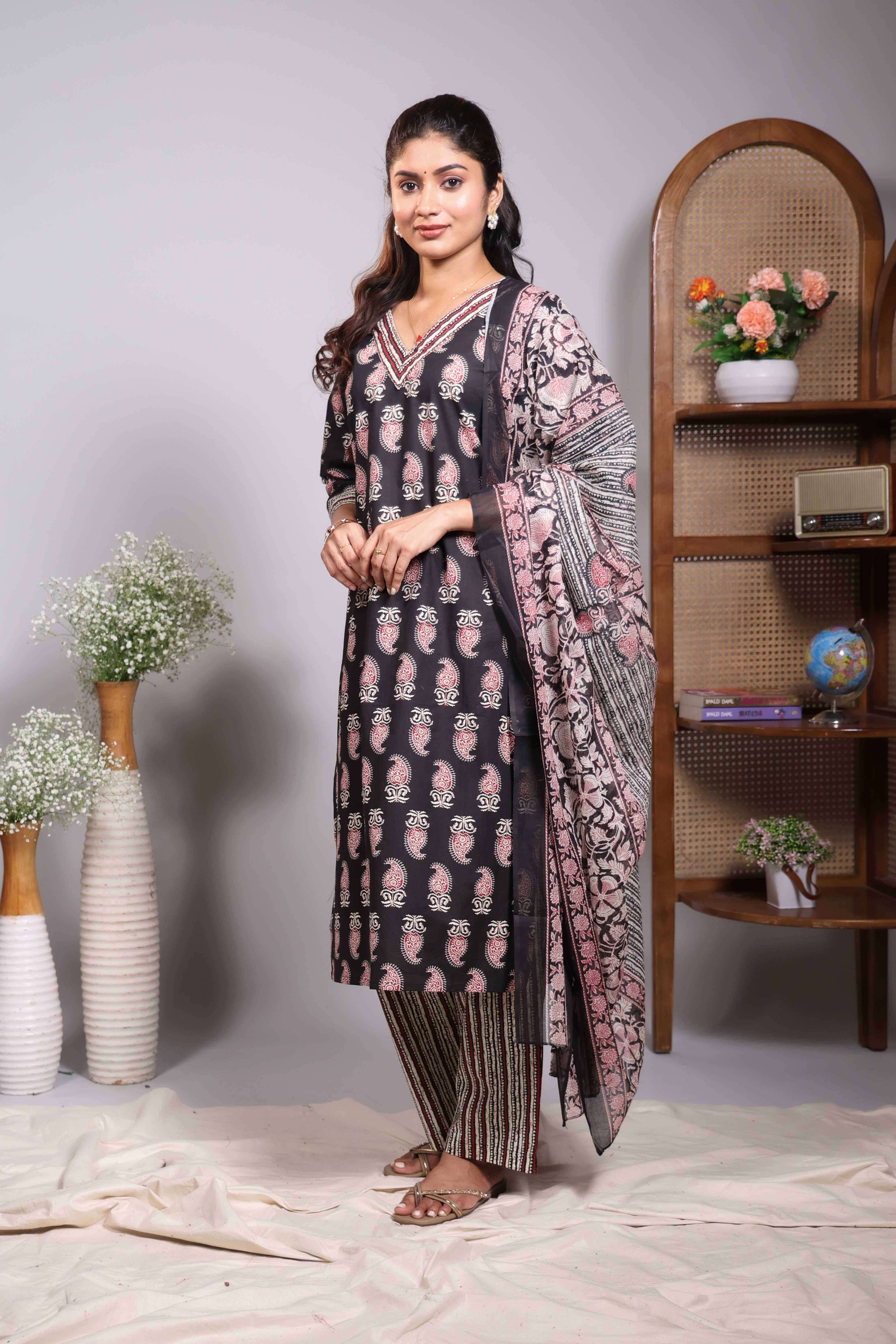 Black floral motifs design V neck salwar set with 3/4th sleeve, contrast bottom and matching dupatta