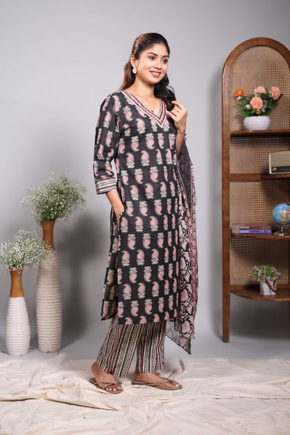 Black floral motifs design V neck salwar set with 3/4th sleeve, contrast bottom and matching dupatta