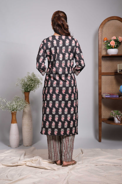 Black floral motifs design V neck salwar set with 3/4th sleeve, contrast bottom and matching dupatta