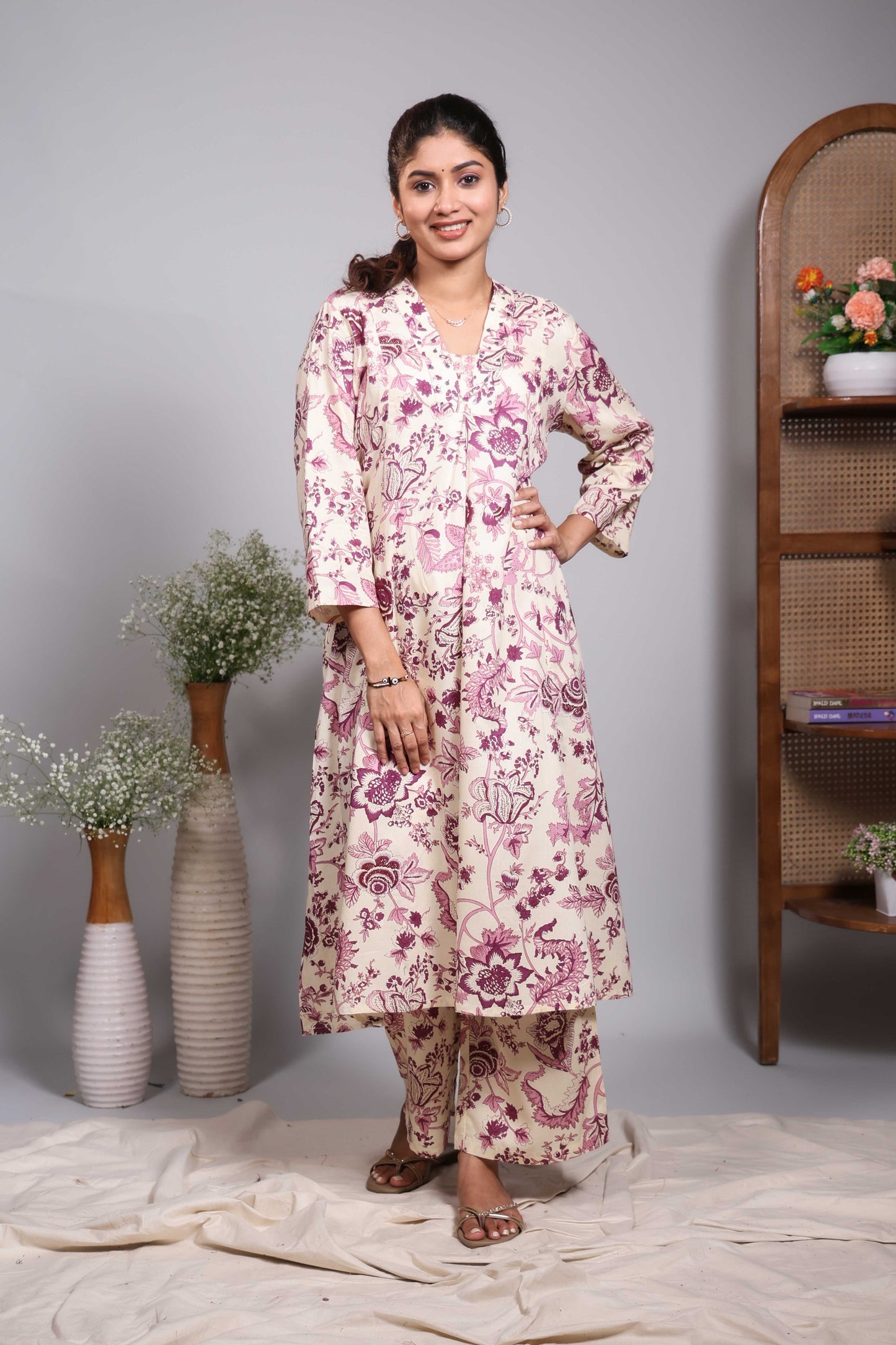 Cream floral design V neck salwar set with 3/4th sleeve and self bottom