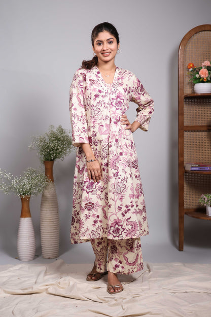 Cream floral design V neck salwar set with 3/4th sleeve and self bottom