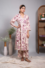 Cream floral design V neck co-ord set with 3/4th sleeve and self bottom