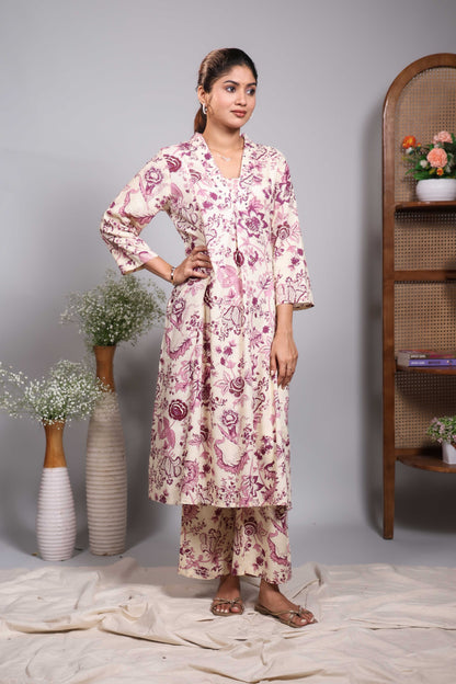 Cream floral design V neck salwar set with 3/4th sleeve and self bottom