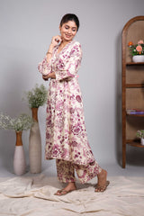 Cream floral design V neck co-ord set with 3/4th sleeve and self bottom