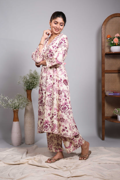 Cream floral design V neck salwar set with 3/4th sleeve and self bottom