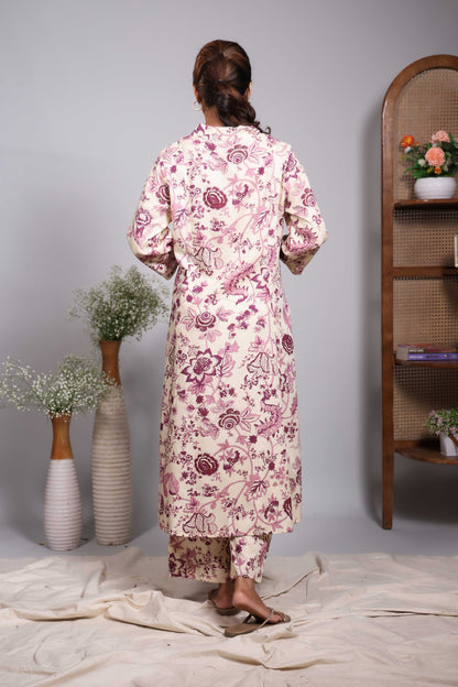 Cream floral design V neck salwar set with 3/4th sleeve and self bottom