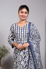 Blue floral design V neck salwar set with 3/4th sleeve, self bottom and matching dupatta