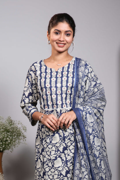 Blue floral design V neck salwar set with 3/4th sleeve, self bottom and matching dupatta