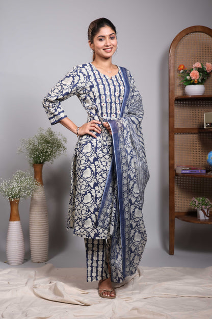 Blue floral design V neck salwar set with 3/4th sleeve, self bottom and matching dupatta