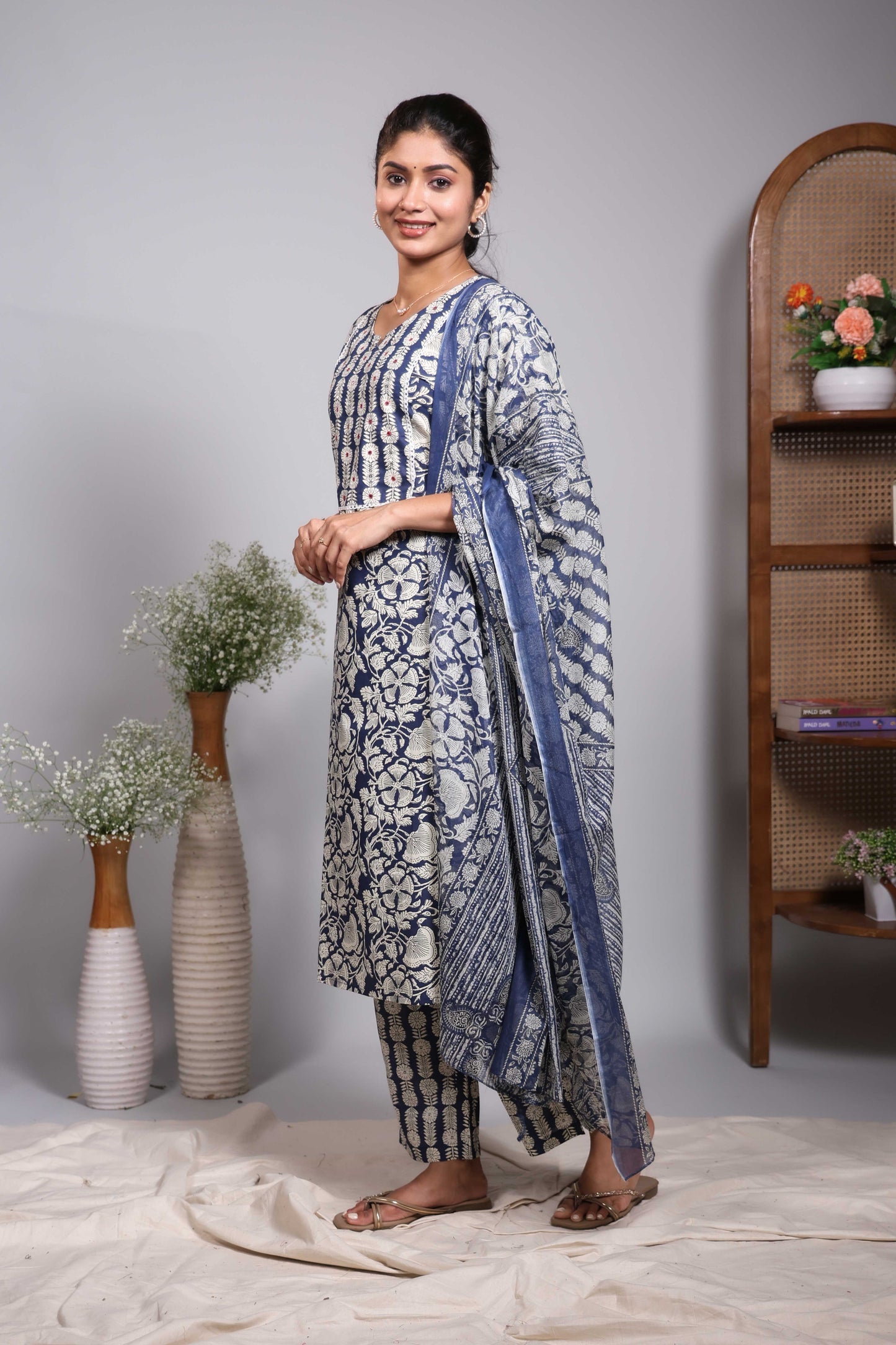 Blue floral design V neck salwar set with 3/4th sleeve, self bottom and matching dupatta