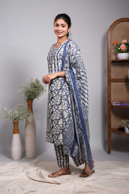 Blue floral design V neck salwar set with 3/4th sleeve, self bottom and matching dupatta
