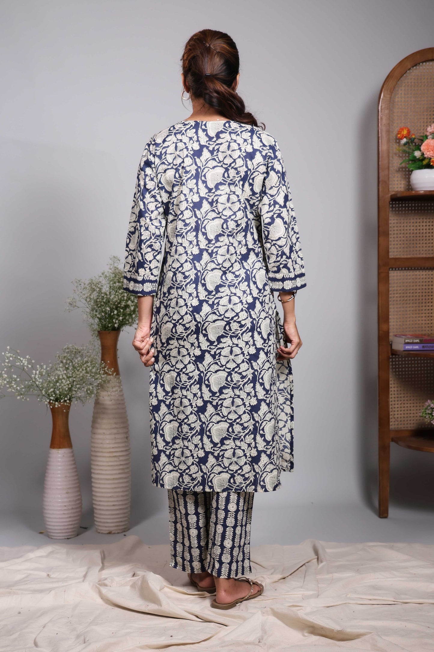 Blue floral design V neck salwar set with 3/4th sleeve, self bottom and matching dupatta
