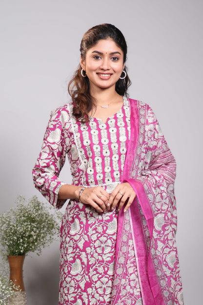 Pink floral design round neck salwar set with 3/4th sleeve, self bottom and matching dupatta