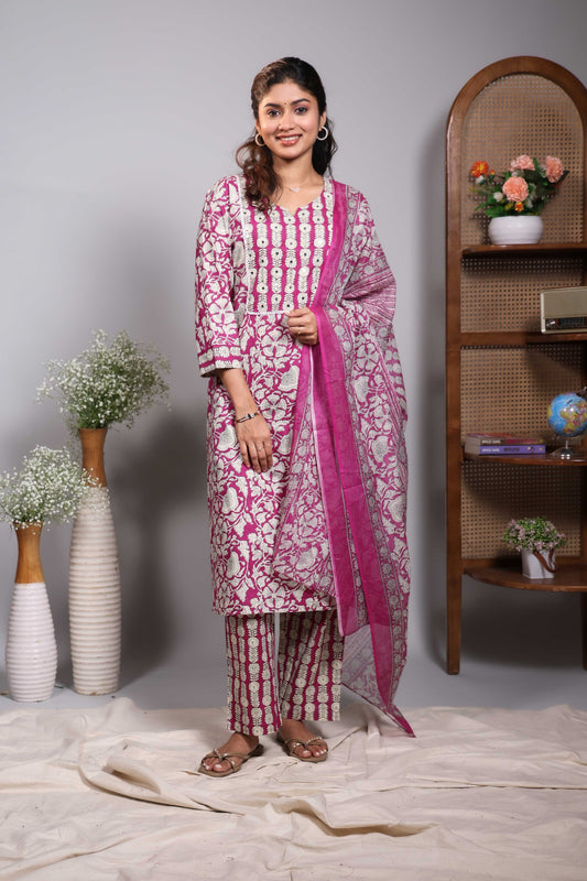 Pink floral design round neck salwar set with 3/4th sleeve, self bottom and matching dupatta