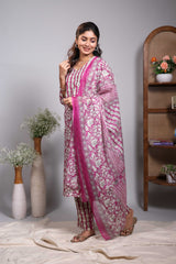 Pink floral design round neck salwar set with 3/4th sleeve, self bottom and matching dupatta