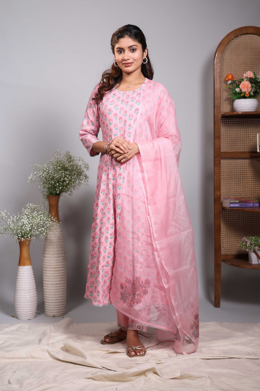 Baby pink floral design V neck salwar set with 3/4th sleeve, self bottom and matching dupatta
