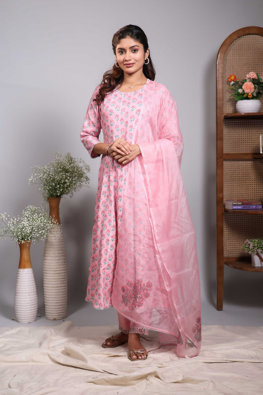 Baby pink floral design V neck salwar set with 3/4th sleeve, self bottom and matching dupatta