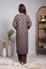 Black floral design round neck salwar set with 3/4th sleeve, self bottom and matching dupatta