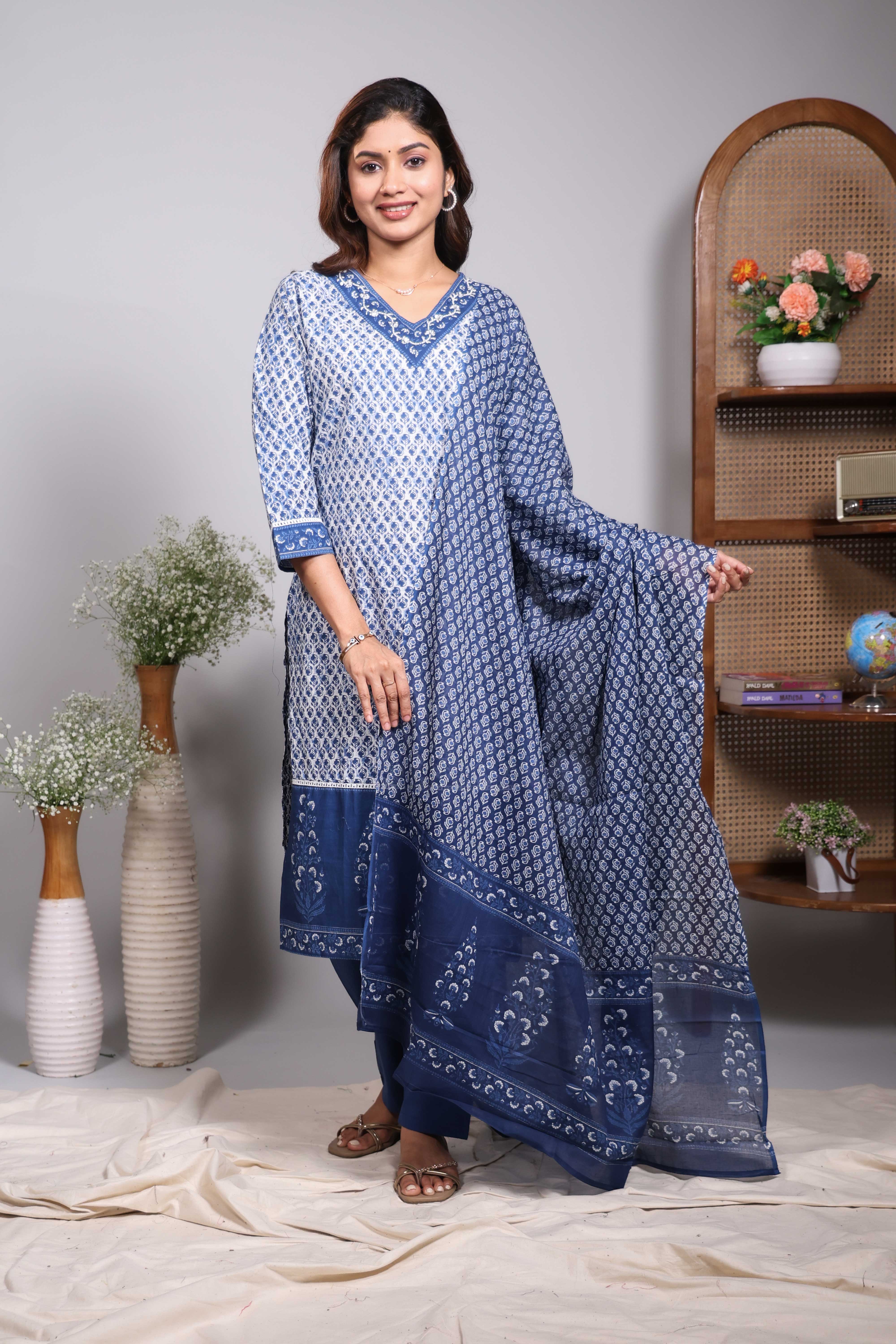 Blue floral design V neck salwar set with 3/4th sleeve, contrast bottom and matching dupatta